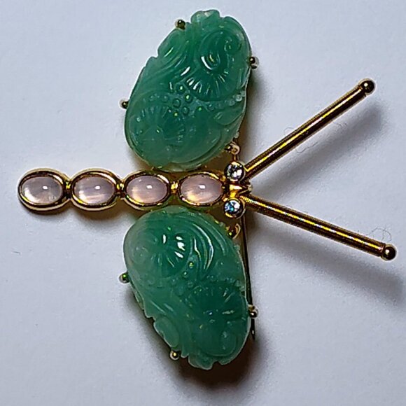 Vintage signed carved jade Rhinestones natural stones gold tore - Picture 4 of 4